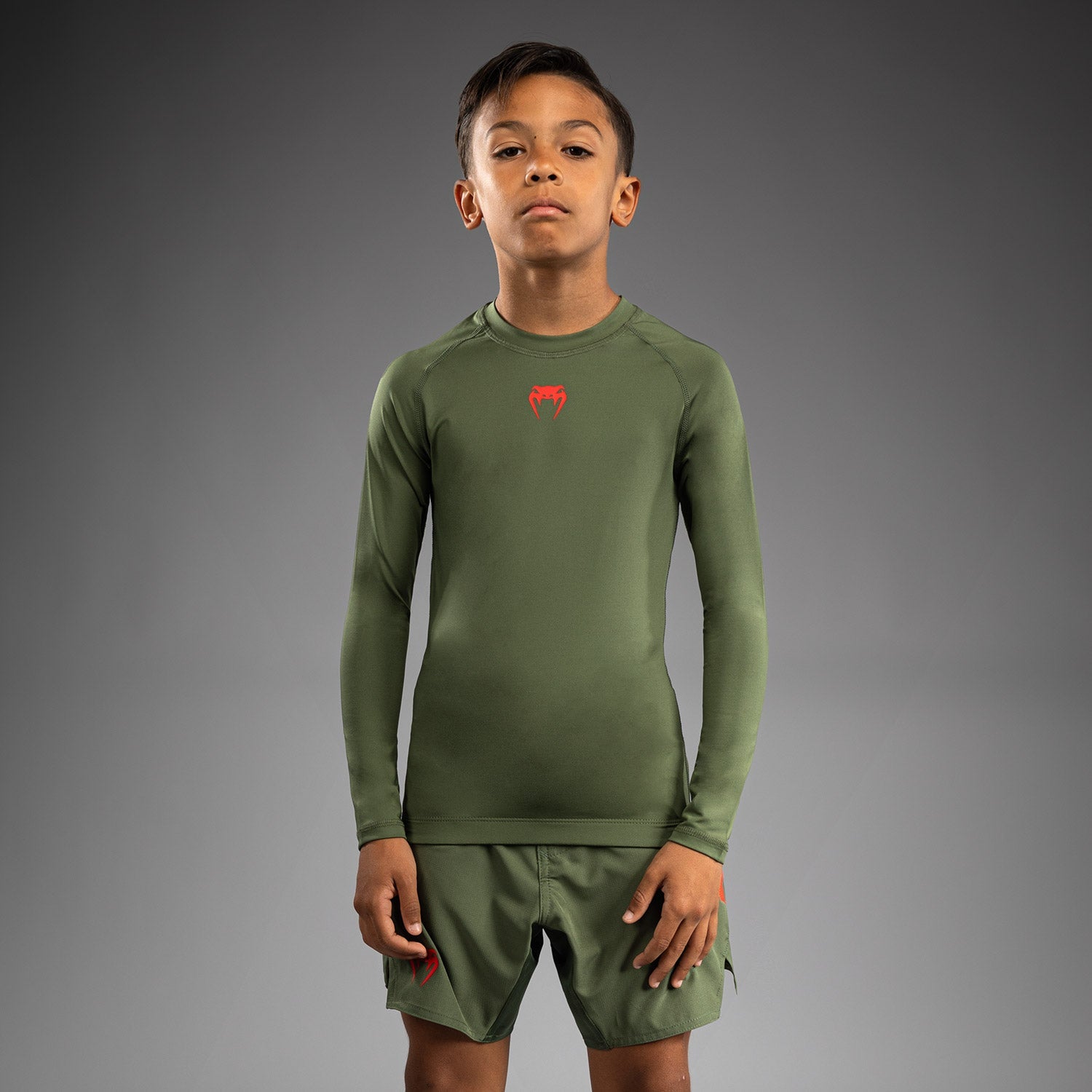 Rashguard Manches Longues pour Enfants Venum Contender - Vert militaire/Orange