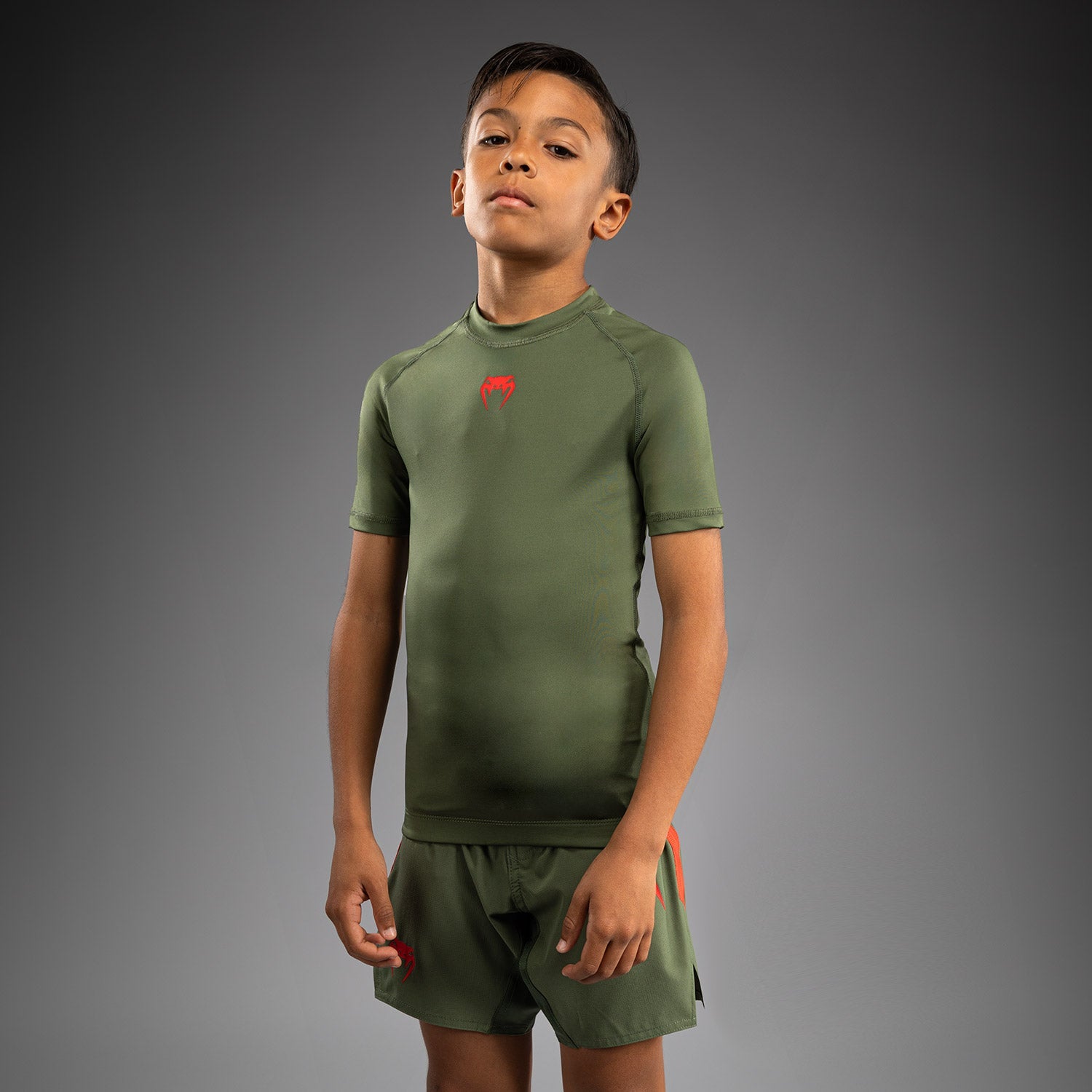 Rashguard Manches Courtes pour Enfants Venum Contender - Vert militaire/Orange